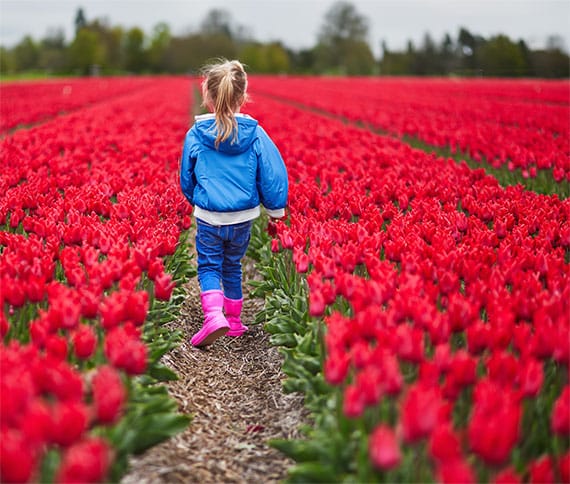 Girl running through tulips
